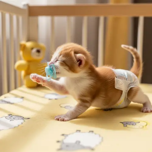 Newborn Kitten in Crib | Cute Baby Cat in Diapers