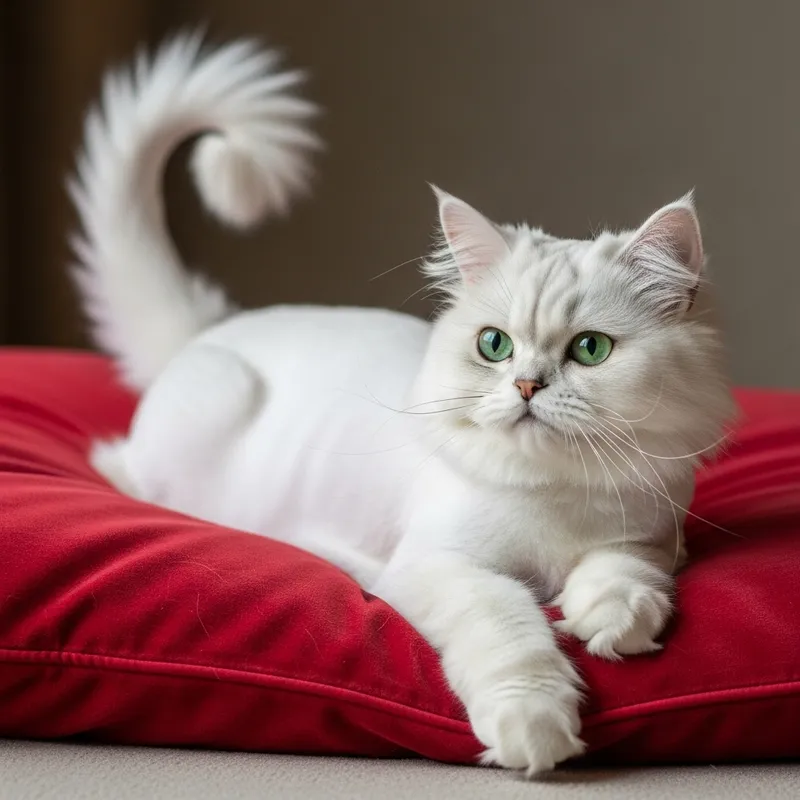 White Persian Cat on Plush Red Pillow