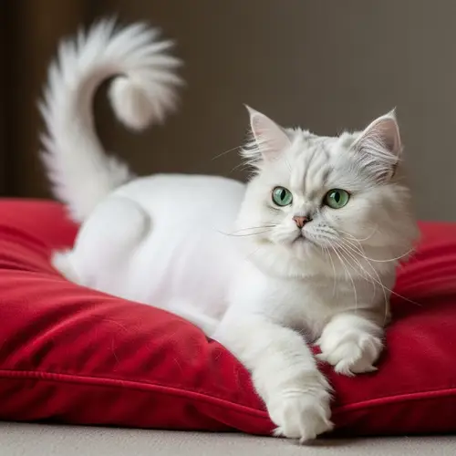 Beautifully Groomed White Persian Cat on Plush Red Pillow