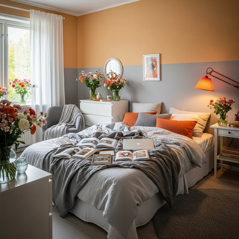 Cozy Orange and Grey Bedroom with Books, Laptop, and Flowers