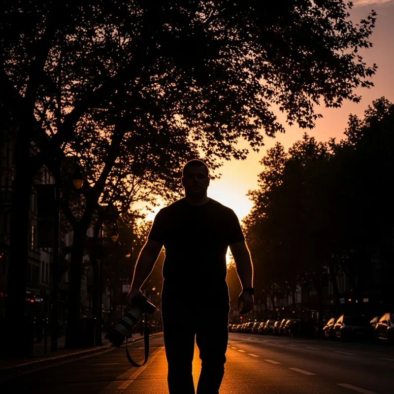 Silhouette of Robust Photographer Walking on Street Silhouette of Robust Photographer Walking on Street
