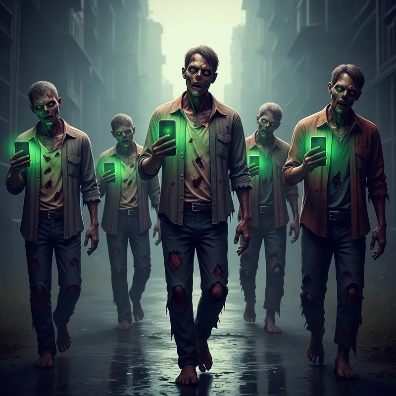 Zombie Horde Engrossed in Phone - Captivating Scene