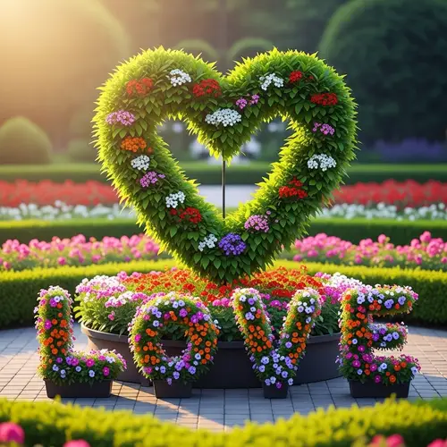 Meticulously Sculpted Heart-Shaped Topiary with Lush Green Leaves and Vibrant Flowers