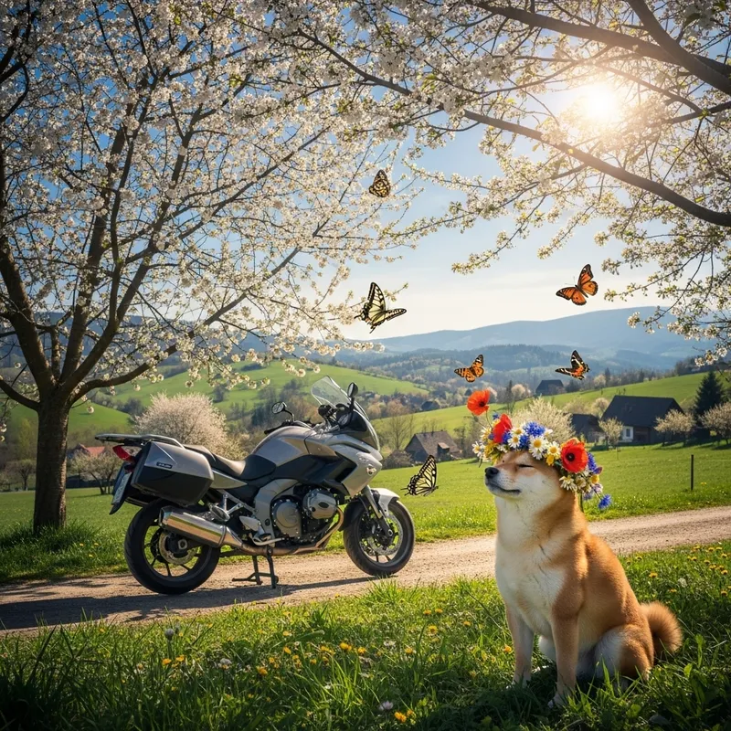 Spring in Slovakia: Shiba Inu Dog with Wildflower Wreath and Motorcycle