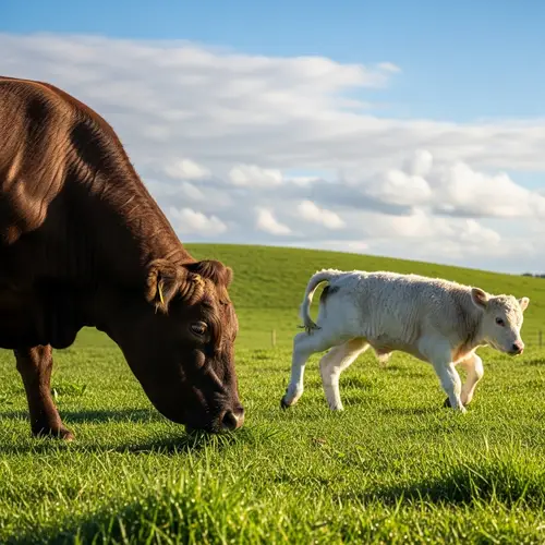Cow Munching Grass with Playful Calf in Sunlit Field