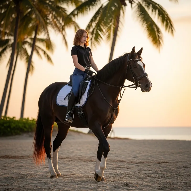 Realistic Image: 12-Year-Old Girl Riding Black Horse at Sunset on Beach