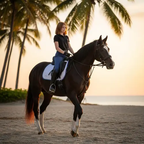 12-Year-Old Girl Riding Black Horse on Beach at Sunset