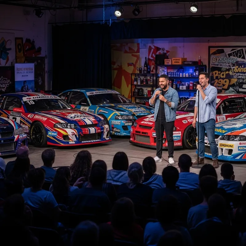 Eclectic Stand-Up Comedy with Diverse Spectators & Vibrant Race Cars