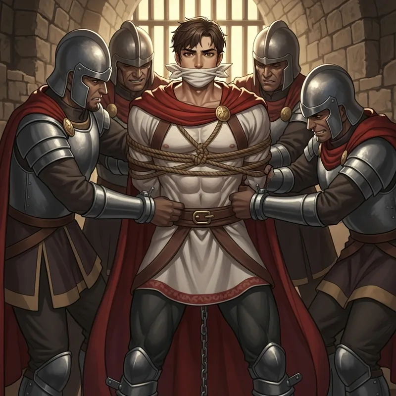 Handsome Muscular Prince Restrained by Menacing Palace Guards in Dungeon