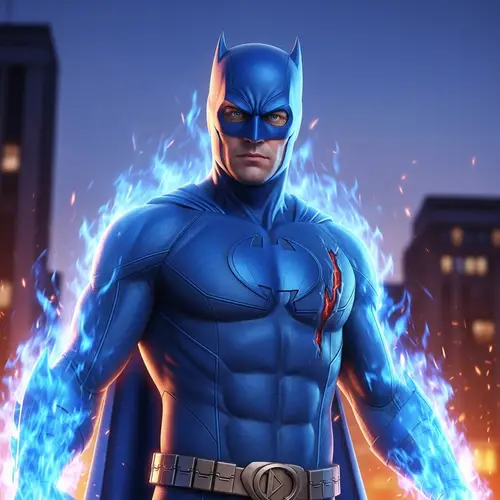 Blue Fire Superhero | Captivating Masked Crusader in Twilight Cityscape