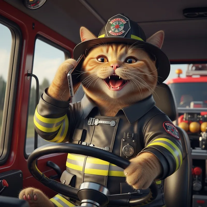 Cheerful Cat in Firefighter Uniform Talking on Phone