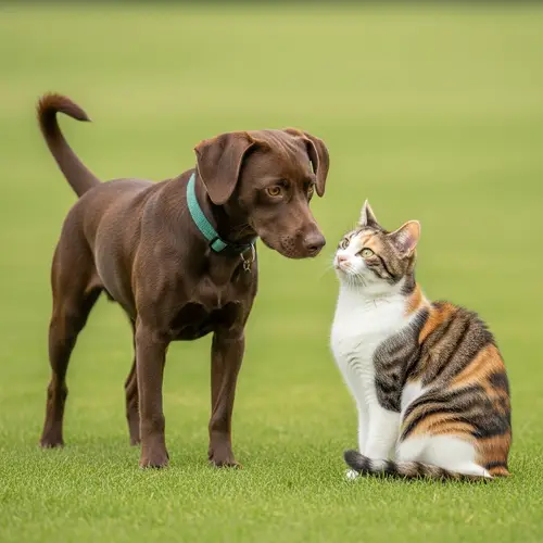 Chocolate Brown Canine and Calico Cat Interaction | Unique Bond