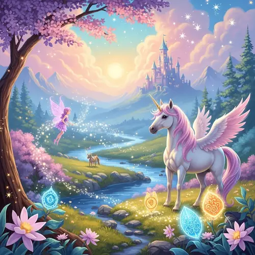 Whimsical Fairy Tale Landscape with Unicorn and Castle