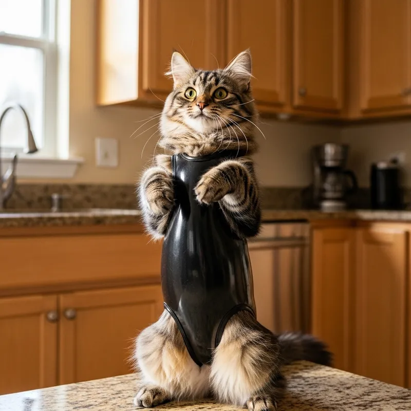 Adorable Rubber-Singlet Cat: Fluffy Feline Pose