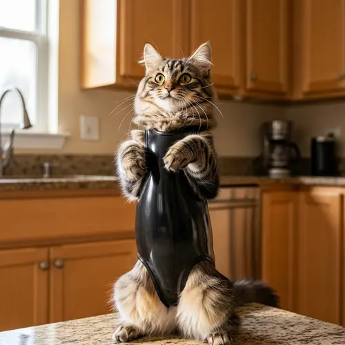 Adorable Rubber-Singlet Cat: Fluffy Feline in Unique Apparel
