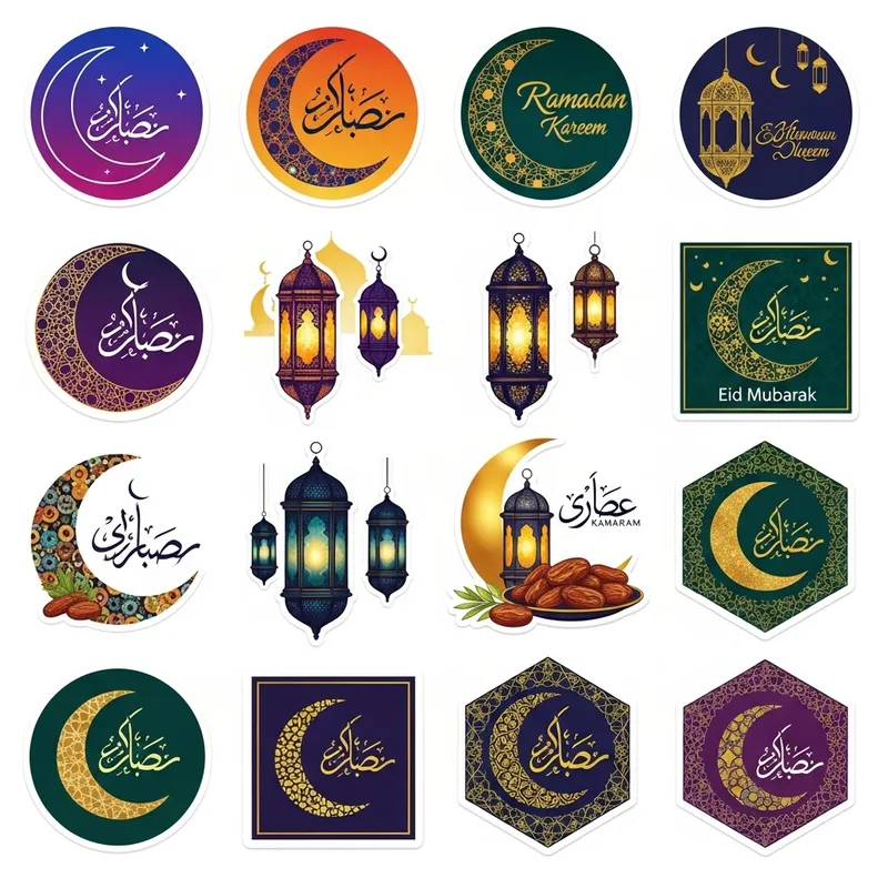 Colorful Ramadan Stickers: Crescent Moon, Lanterns & More