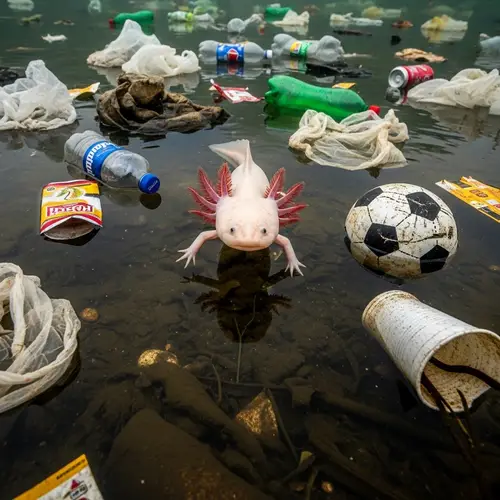 Axolotl in River Surrounded by Trash