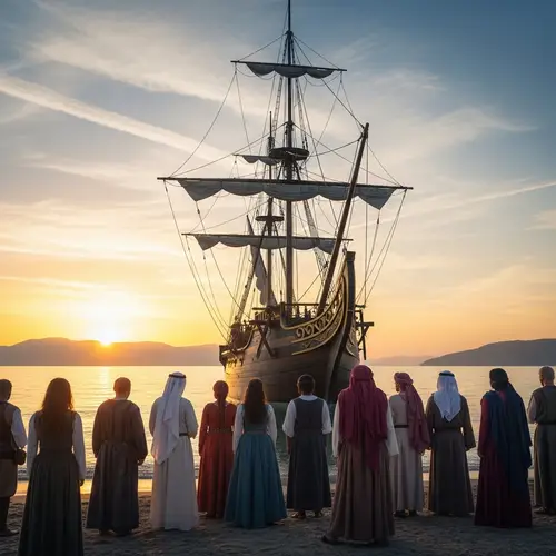 Timeless Odyssey Ship at Sunrise with Diverse Group of People