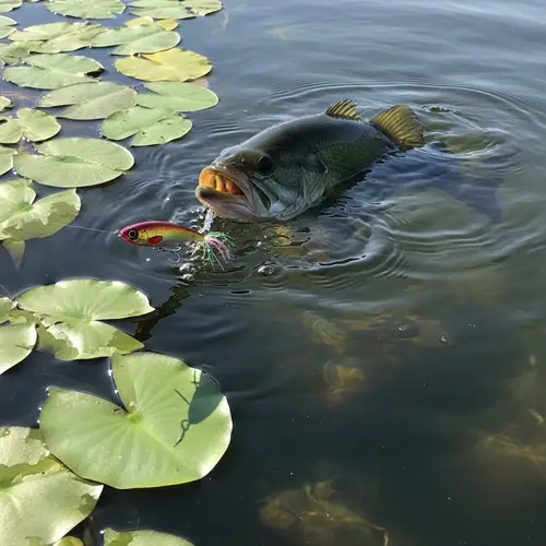 Energetic Bass Chasing Metallic Lure | Freshwater Lake Scene