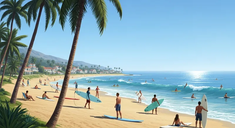 Diverse Surfers Enjoying Idyllic Beach Scene with Palm Trees and White Houses