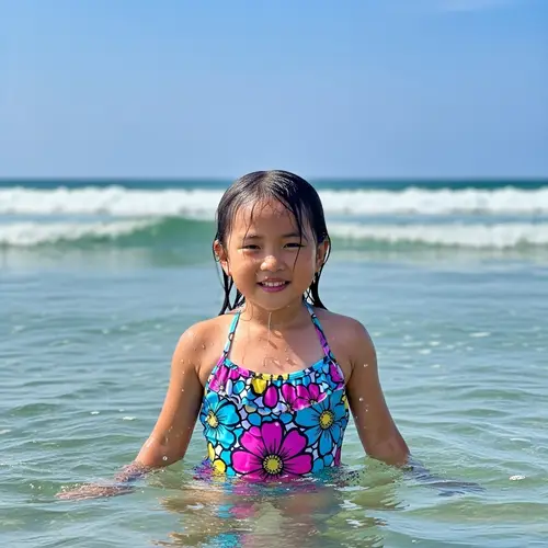 Euphoric Asian Girl Enjoying in Sparkling Ocean Water