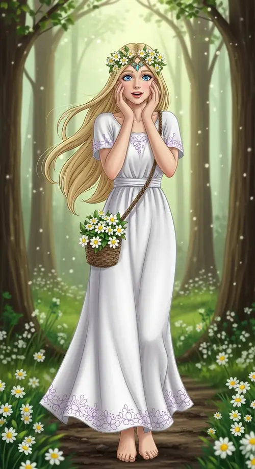 Regal Goddess Ostara - Long Blond Hair in White Summer Dress