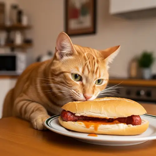 Cat Enjoying Chilean Choripan in Cozy Kitchen