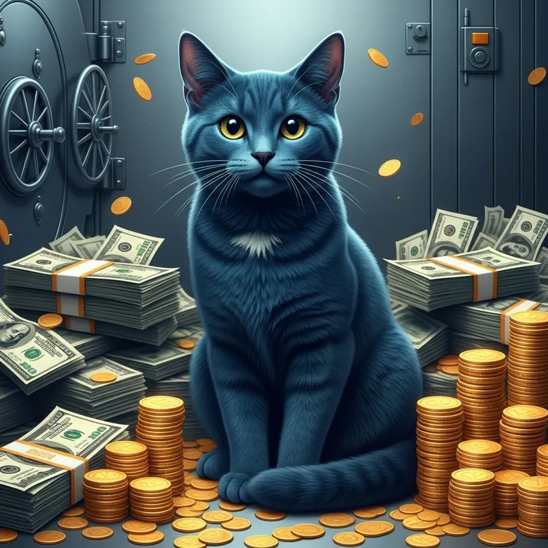 Blue Cat Surrounded by Wealth and Riches