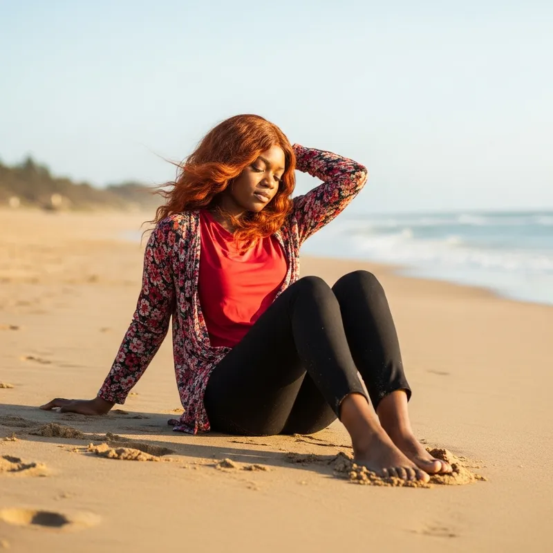 Tranquil Beach Scene: Black Woman Relaxing with Ginger Hair Tranquil Beach Scene: Black Woman Relaxing with Ginger Hair