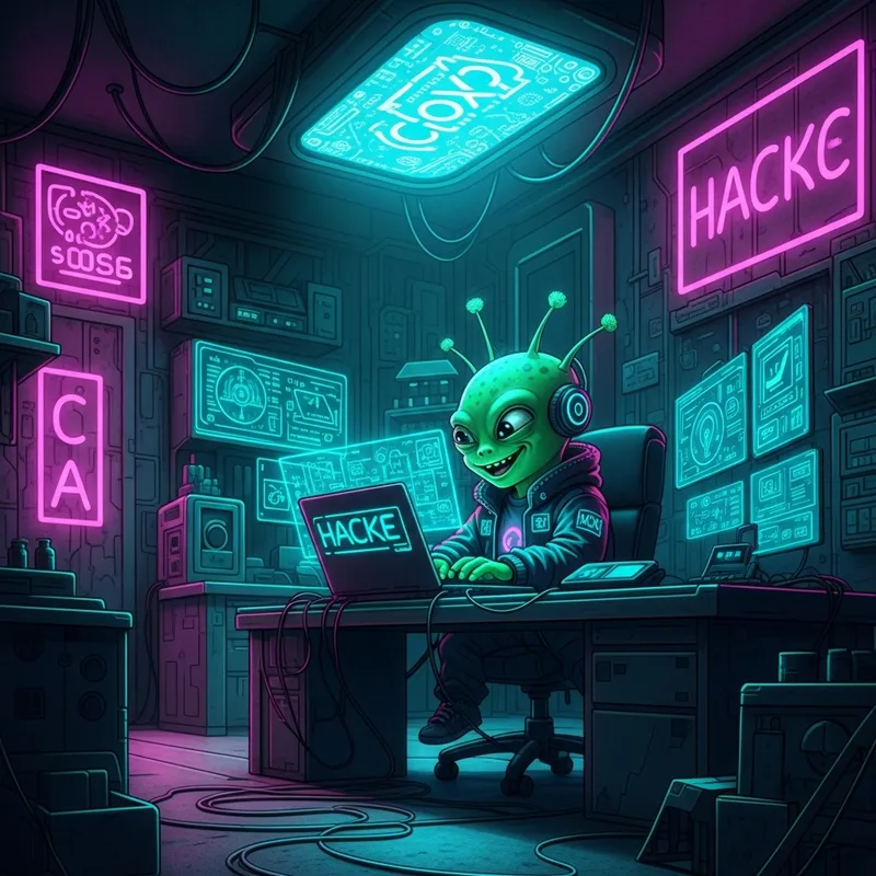 Neon Cyberpunk Yoda Hacking Room | Futuristic Digital Art
