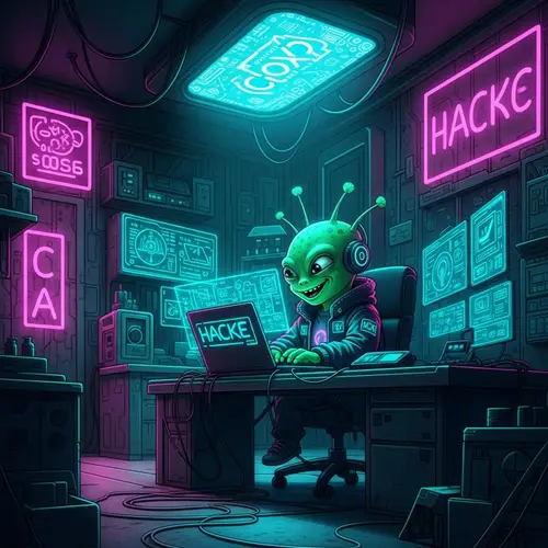 Cyberpunk Alien Hackers in Neon Room | Intricate Artwork