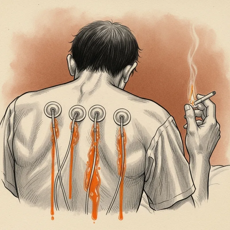 Detailed Japanese Manga Drawing: Patient's Back with Drains