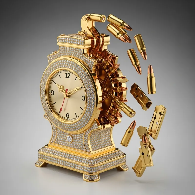 Luxurious Golden Diamond Clock with Bullets and Magazines