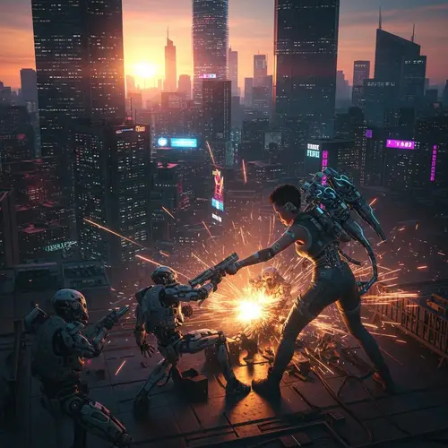 Future Cyberpunk Cityscape: Intense Female Cyborg Battle