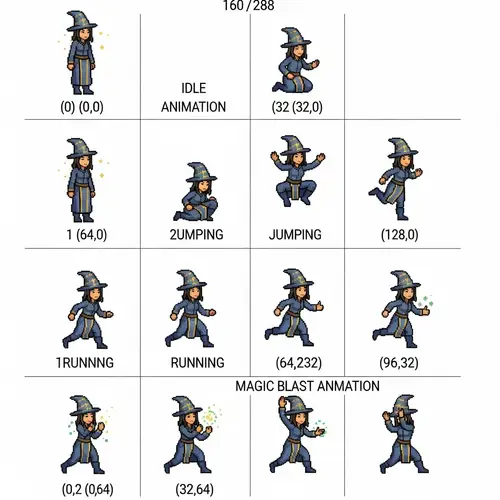 Detailed Sprite Sheet for Pixel Art-Style East Asian Female Magician Character