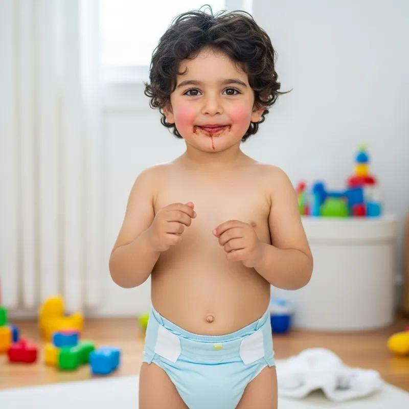 Innocent Eight-Year-Old Boy in Light Blue Diaper