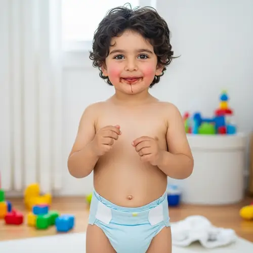 Joyful Eight-Year-Old Boy in Light Blue Diaper