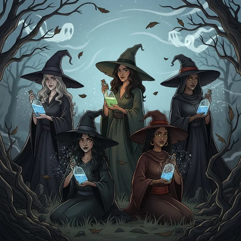 Enchanting Scene of Four Witches with Sparkling Magic Water Bottles Enchanting Scene of Four Witches with Sparkling Magic Water Bottles