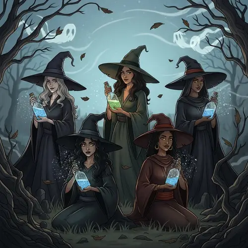 Enchanting Scene of Four Witches with Magic Water Bottles