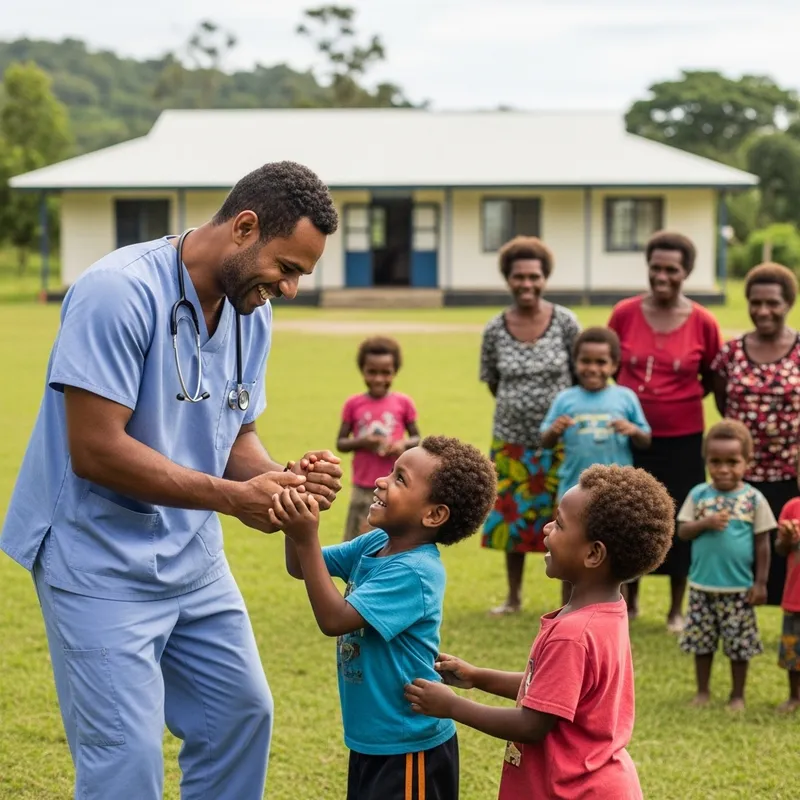 Melanesian Doctor Playing with Village Kids in Rural Hospital