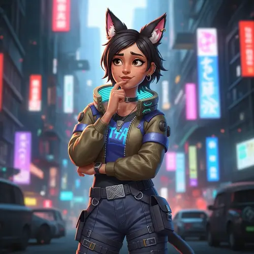 Anime Girl with Cyberpunk Cat Ears in Futuristic Metropolis