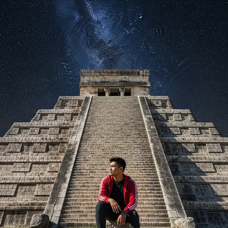 Indonesian Man in Red Adidas Jacket at Mayan Pyramid in Yucatan