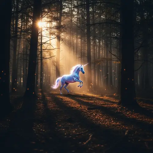 Sunset-Lit Mystical Forest with Majestic Unicorn