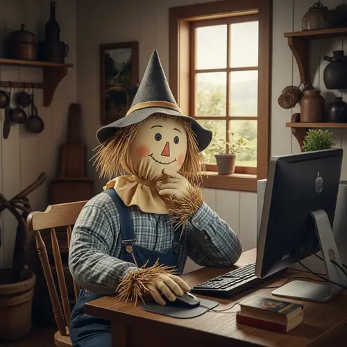 a scarecrow from the wizard of oz in front of the computer