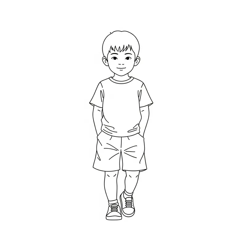 Casual 8-Year-Old Asian Boy Line Drawing