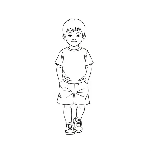 Casual 8-Year-Old Asian Boy Line Drawing