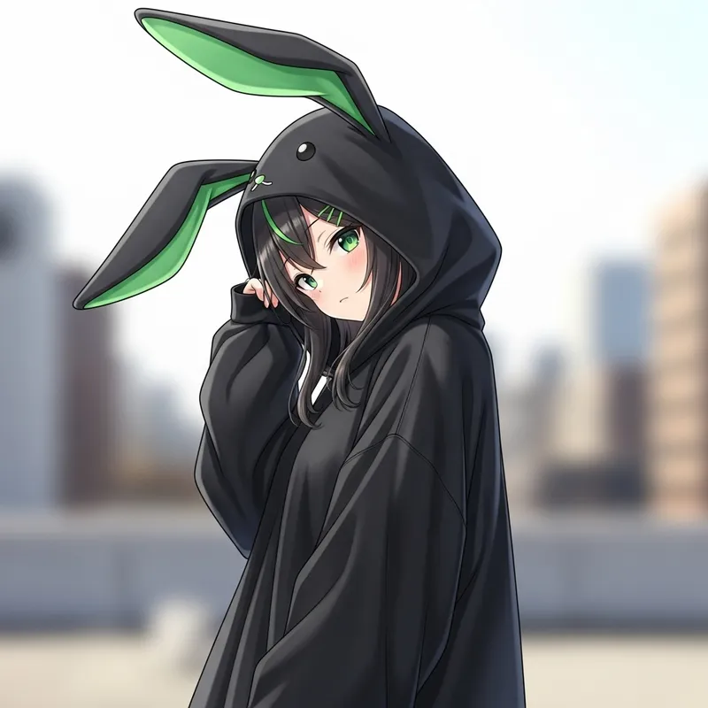 Anime-Style Girl in Black Sweatshirt with Green Rabbit Ears
