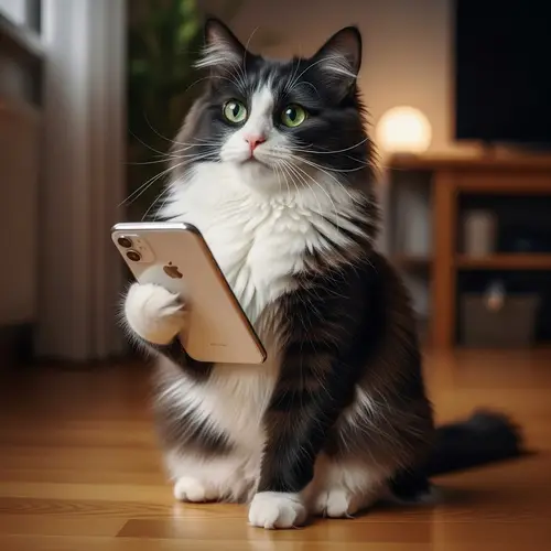 Adorable Long-Haired Tuxedo Cat with Smartphone