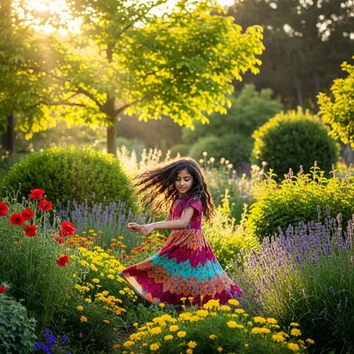 Middle-Eastern Young Girl Joyfully Playing in Vibrant Garden