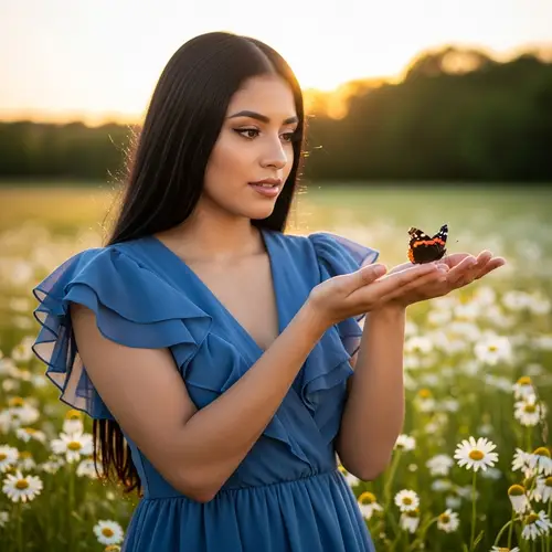 Hispanic Woman in Sapphire Blue Dress with Red Admiral Butterfly | Lush Field
